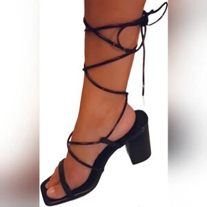 Elisabet Lang Black Patent Leather Lace Up Open Toe Strappy Sandals Shoes Baddie